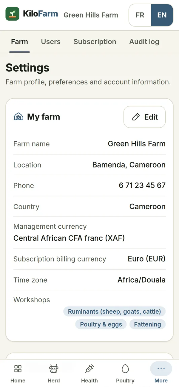 KiloFarm on a phone: Settings